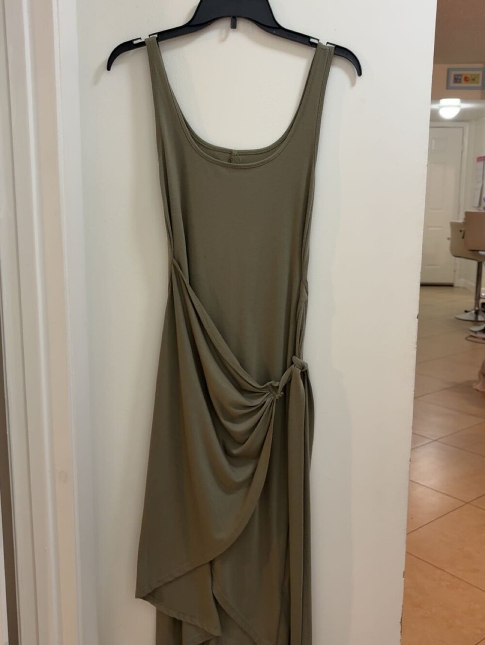 Salant Olive Green Scoop-neck Midi Dress w/ Wrap Hem and Side Knot Detail, M